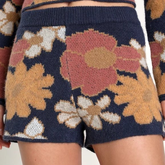 Lulu's Pants - Lulu's Thriving Weekend Navy Blue Floral Knit Lounge Shorts